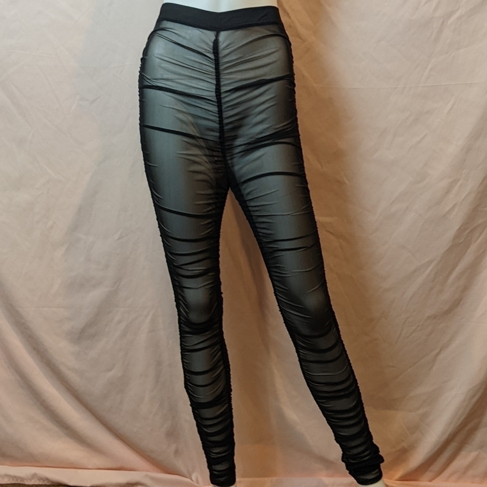 Fashion Nova Wild Side Ruched Sheer Leggings in Black size Small